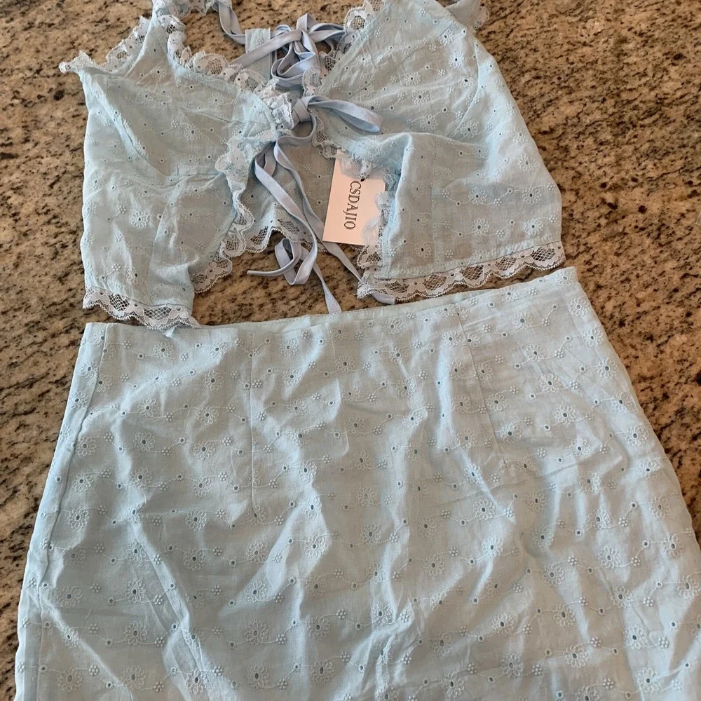 NWT Two Piece Csdajio Light Blue Eyelet Top And Skirt Size Small summer festival